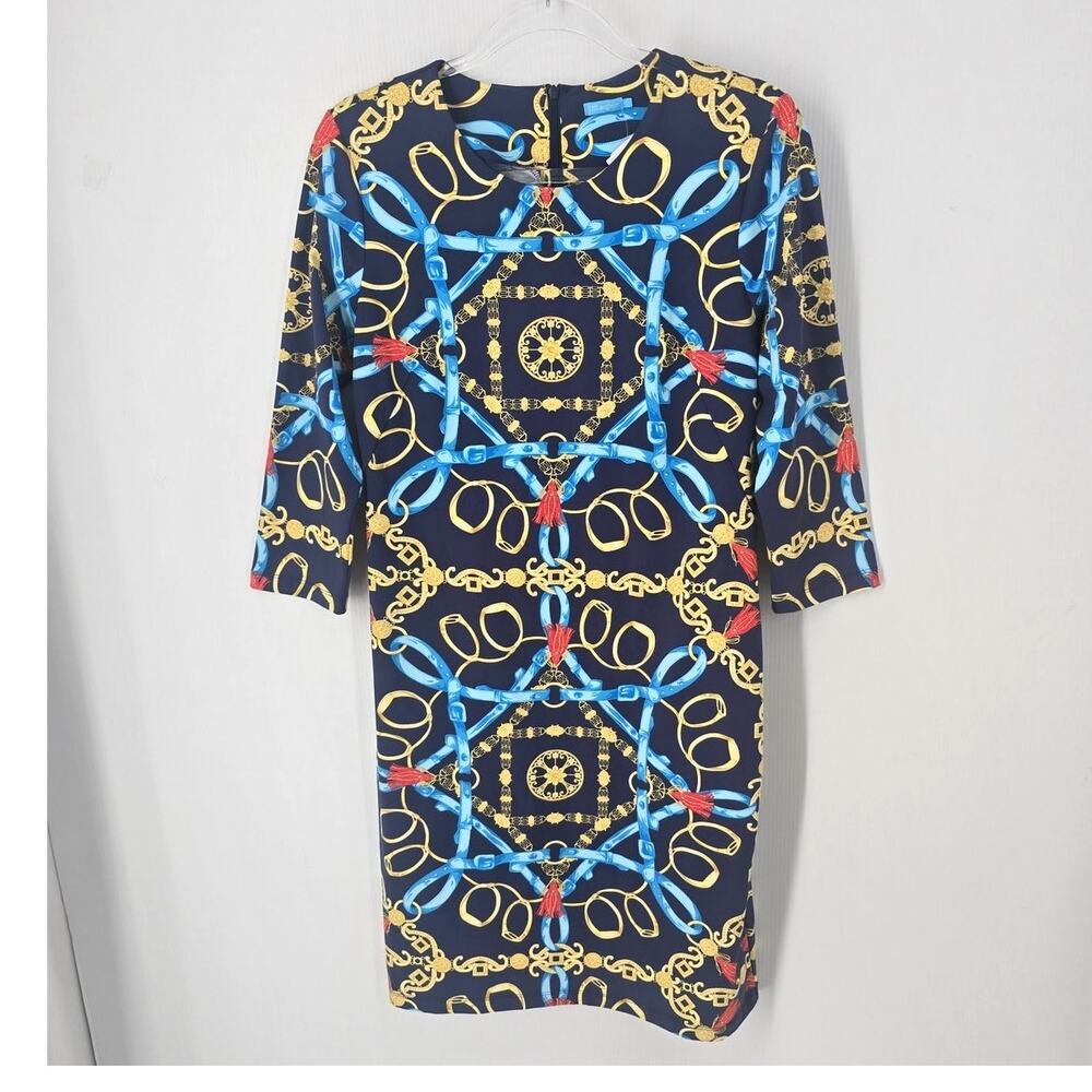 J.McLaughlin Sophia Navy Gold London Catalina Cloth Midi Sheath Dress NWT Size M